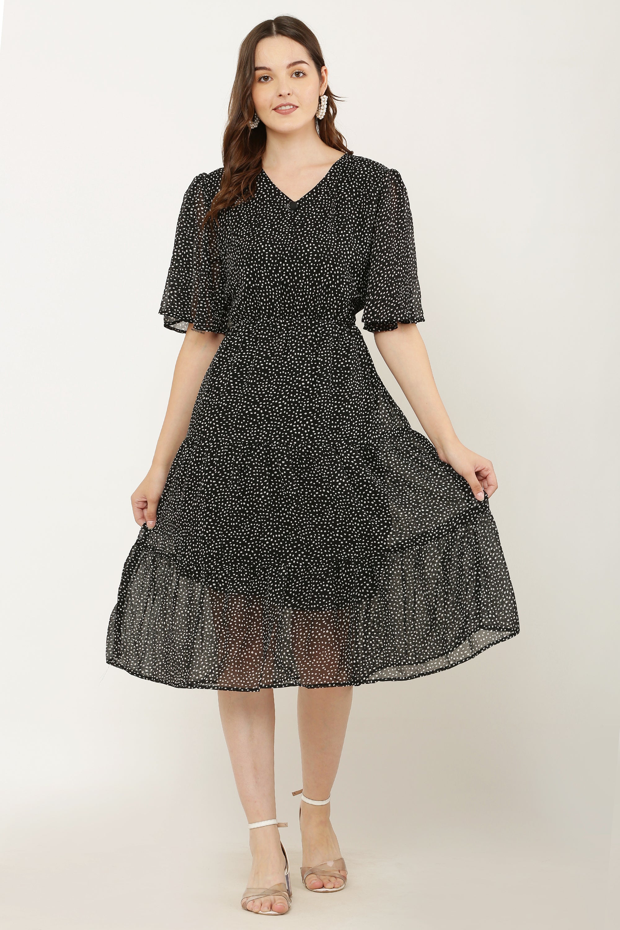 PAVONINE Micro Dots V-Neck Georgette Fabric Black Dress For Women - Distacart