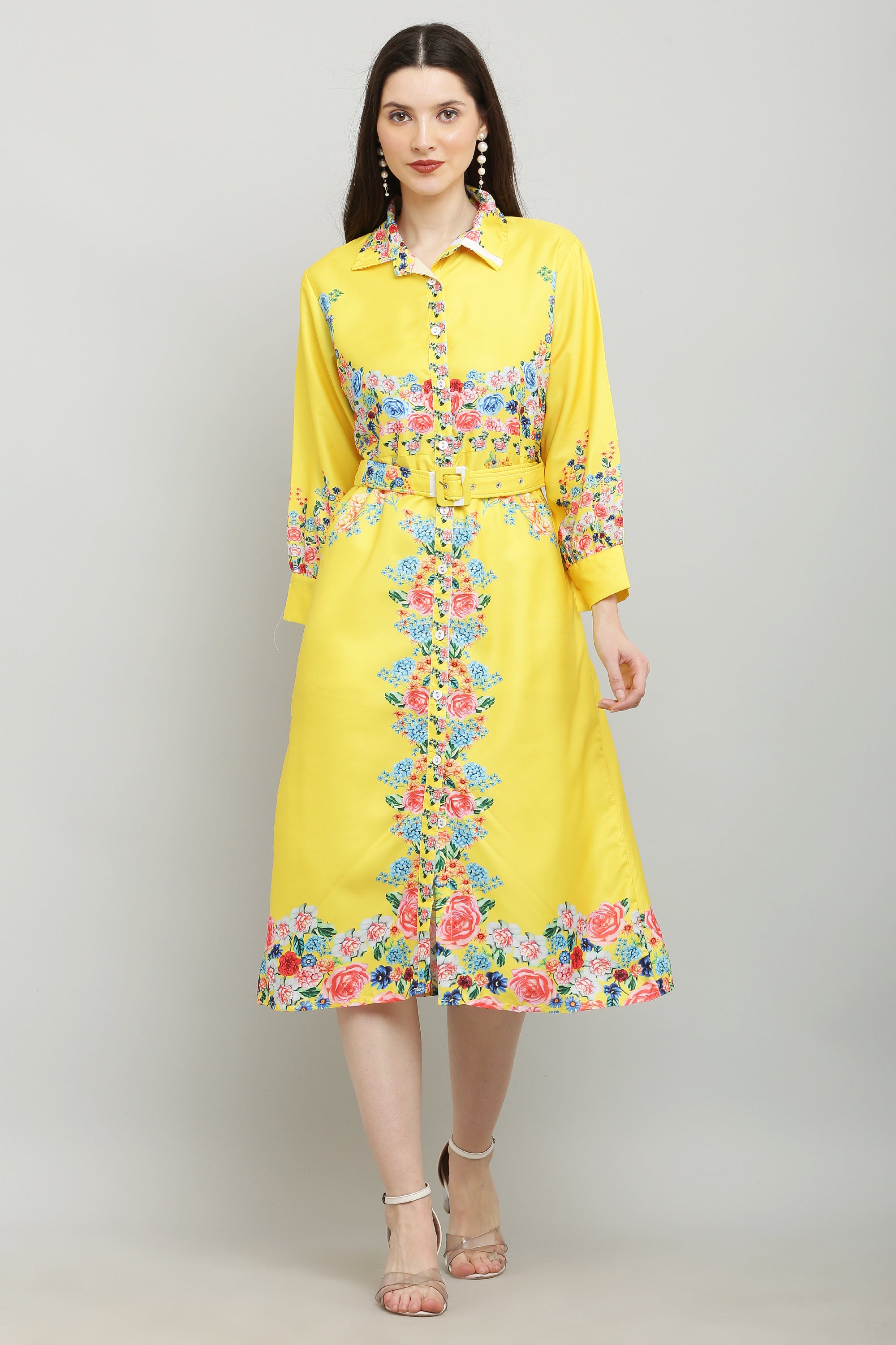 PAVONINE Cat Flower Digital Print Yellow Color A-Line Dress For Women - Distacart
