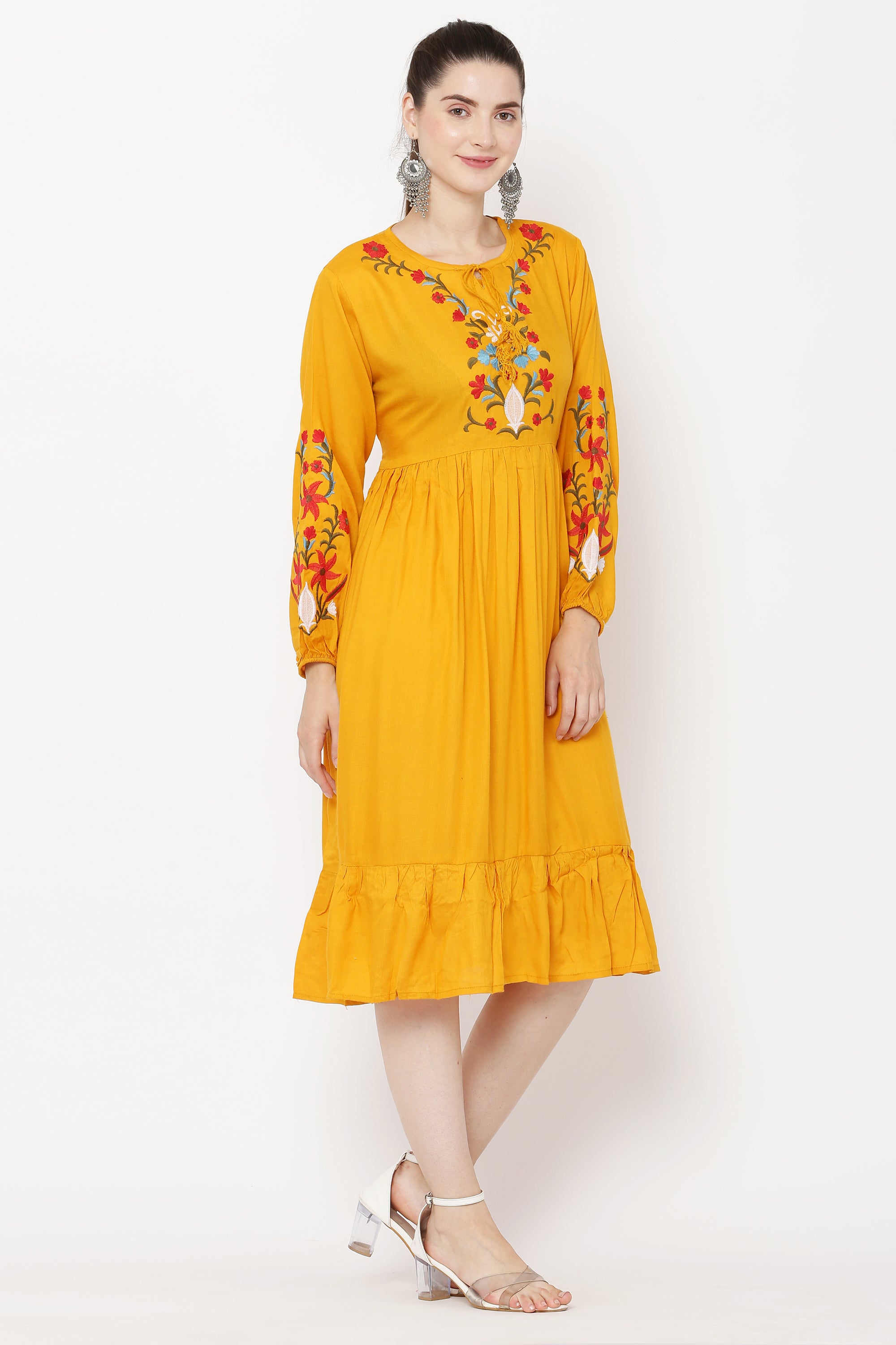 PAVONINE Mustard Color Flower Embroidery Dress For Women - Distacart