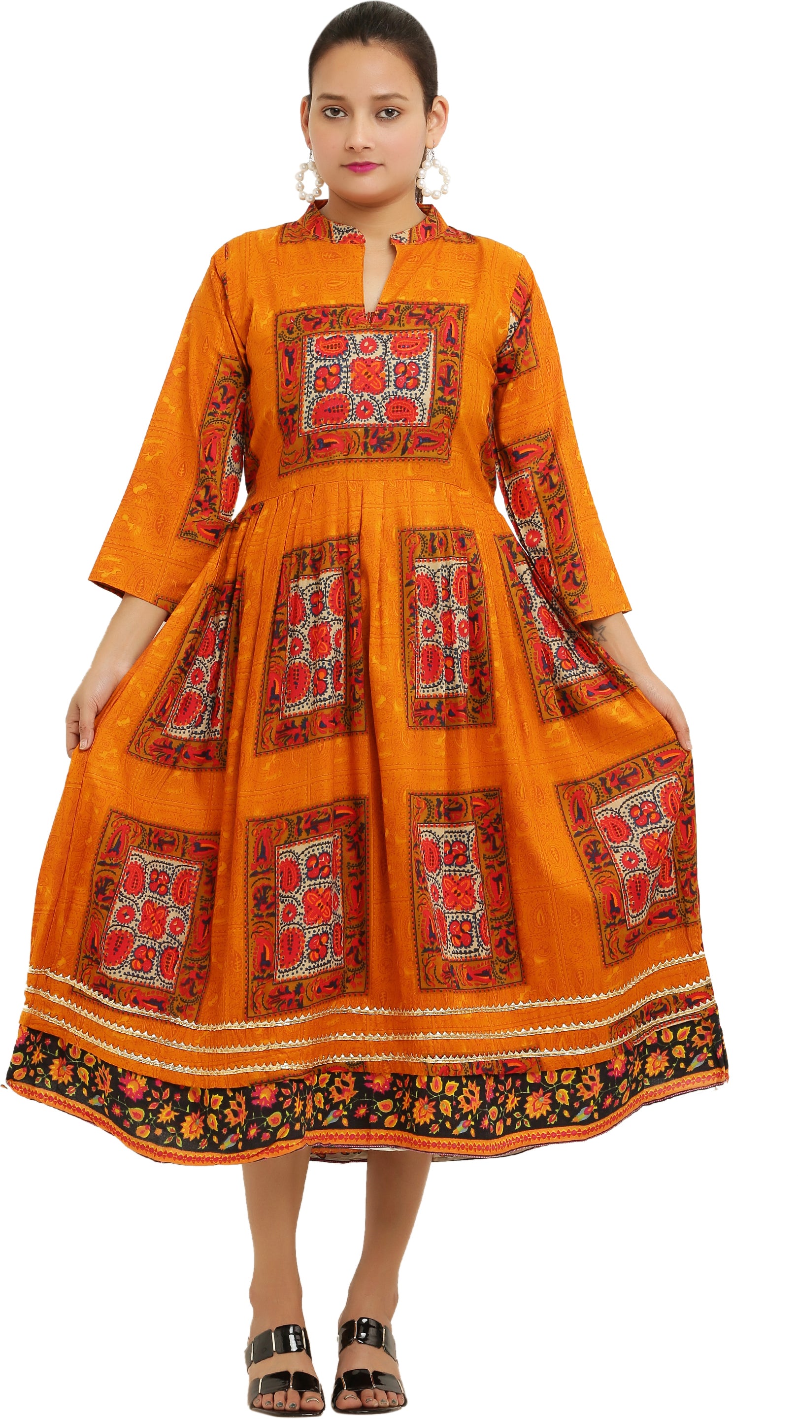 PAVONINE Jaipuri Block Print Mustard Color Dress For Girls & Women - Distacart