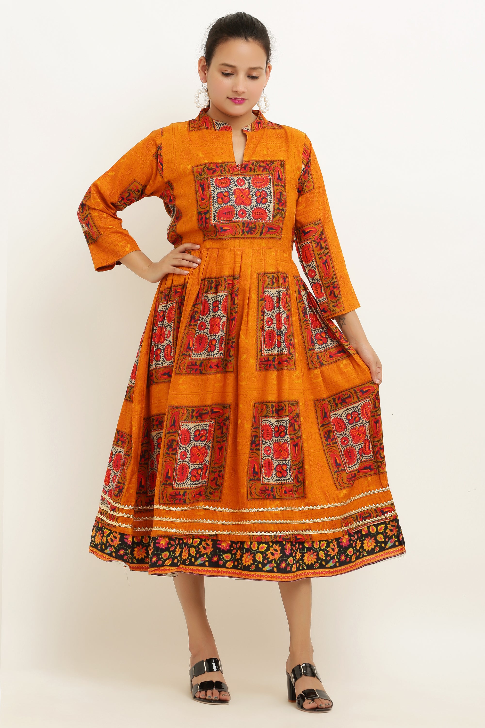 PAVONINE Jaipuri Block Print Mustard Color Dress For Girls & Women - Distacart