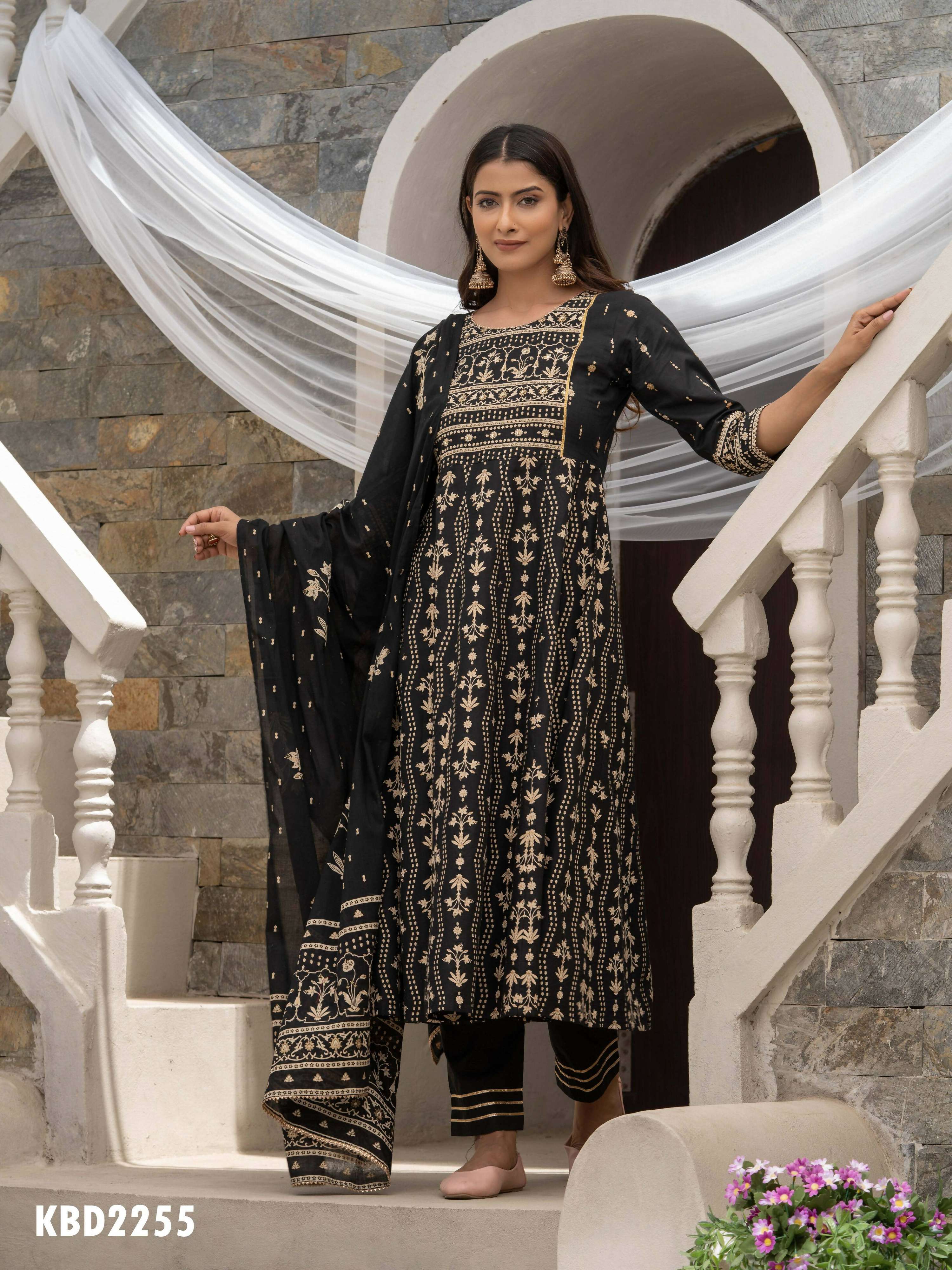 Black Cotton Cambric Printed with Sequins work Anarkali Kurta with Pant & Dupatta - Akashara - Distacart