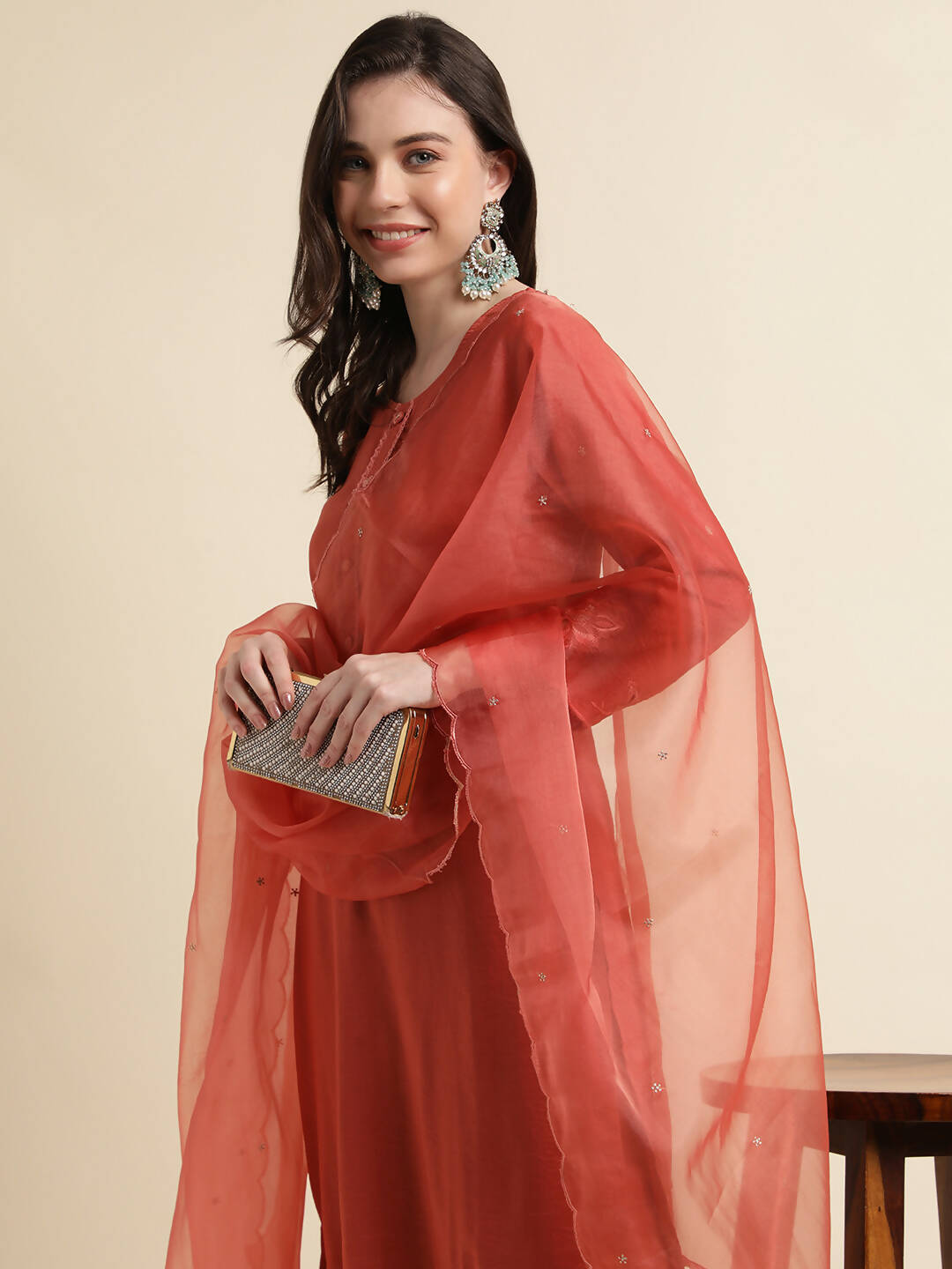Orange Chinon Silk Embroidered Straight Kurta with Trouser & Dupatta - Salimar - Distacart