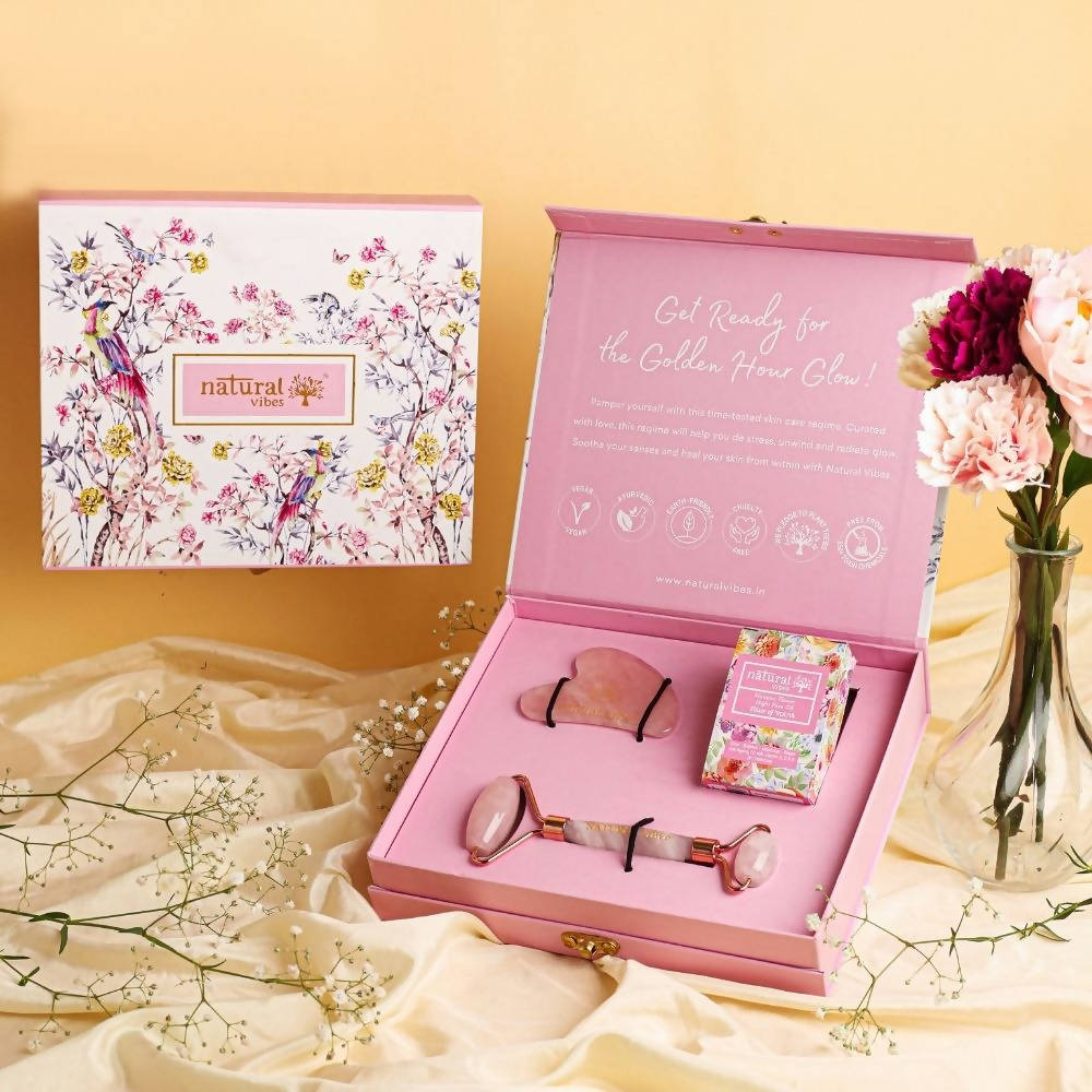 Natural Vibes Glow Getter Gift Set with Rose Quartz Face Roller, Rose Quartz Gua Sha and Nirvana Flower Oil - Distacart