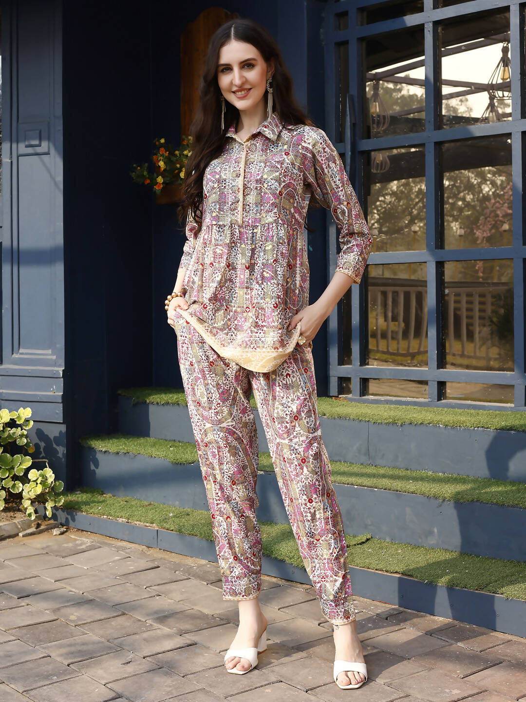 Pink & Beige Rayon Floral Printed Top with Matching Bottom - Eesha - Distacart