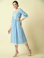 Thumbnail for Myshka Women's Blue Floral Printed Fit and Flare Dress - Distacart
