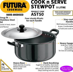 Hawkins Futura Hard Anodised Cook-n-Serve Stewpot 5 L with Lid (AST50) - Distacart