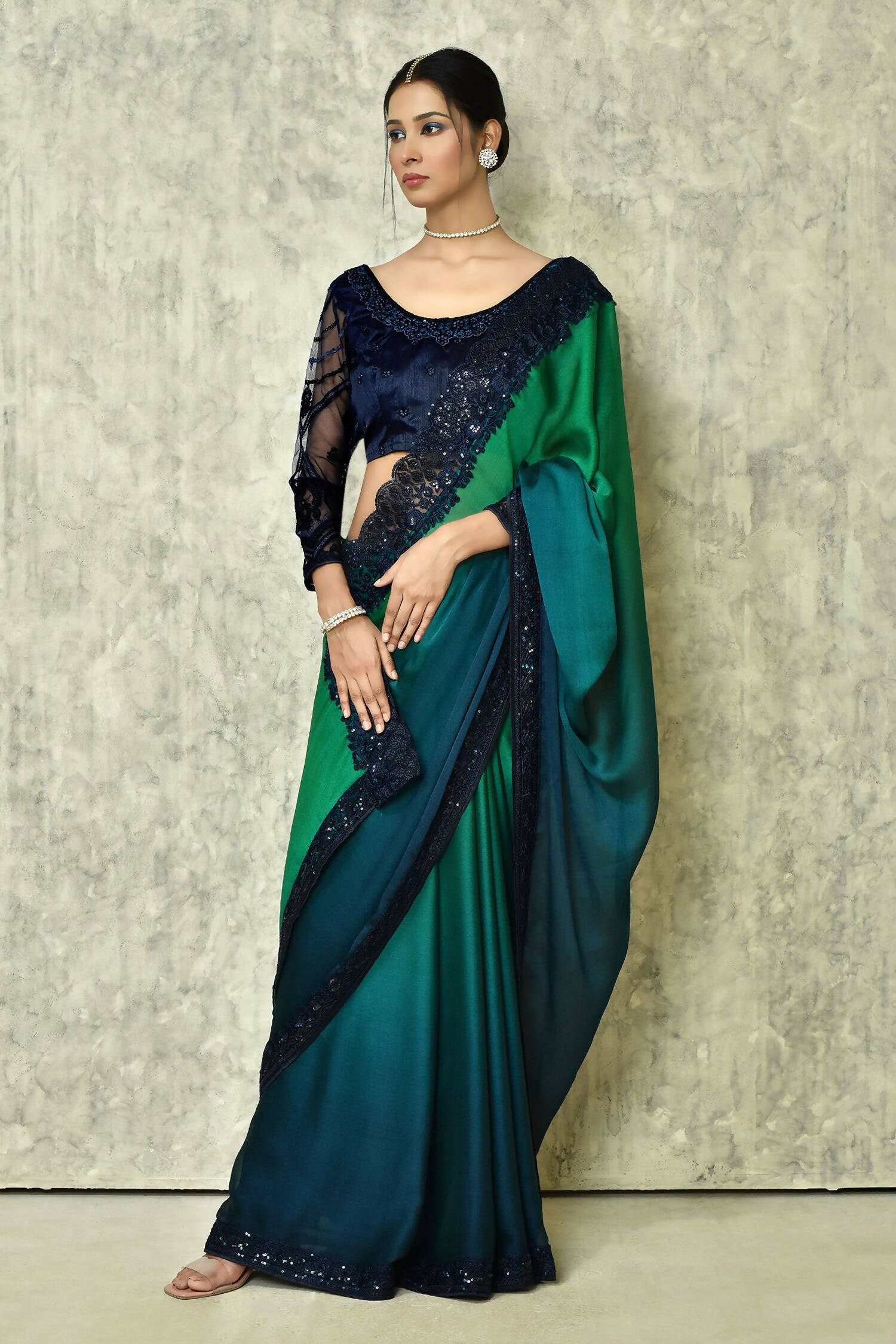 Green & Blue Silk Plain Saree with Blouse Piece - Purvi - Distacart