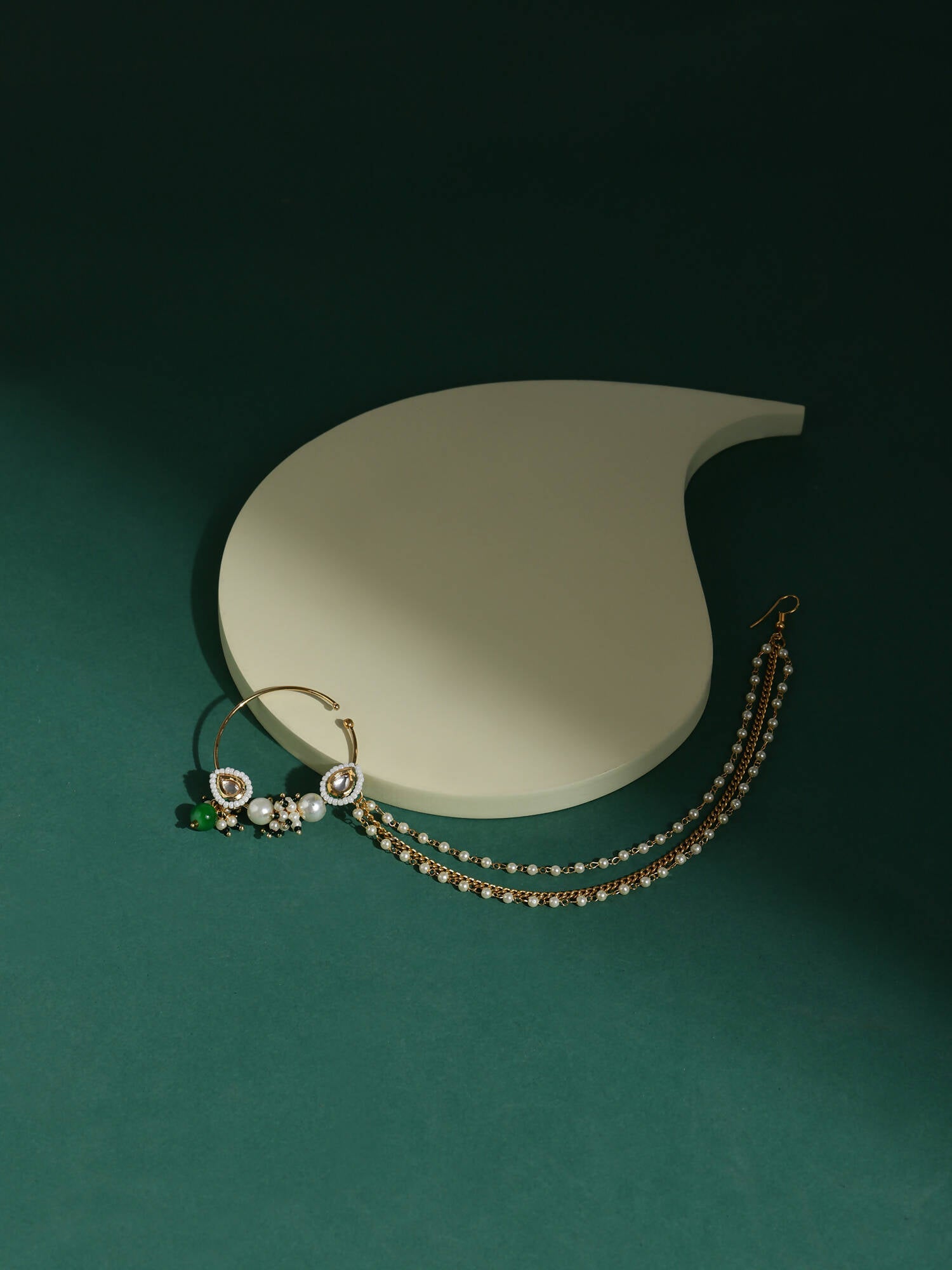 Gold-Plated White Green Kundan-Studded Pearl Beaded Nosepin - Ruby Raang - Distacart