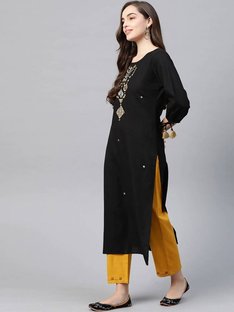 Yufta Women Black Ethnic Motifs Embroidered Pure Cotton Kurta with Trouser