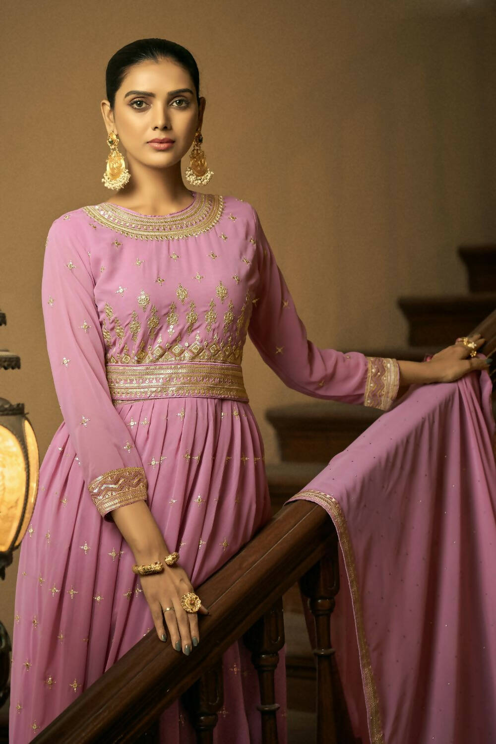 Lavender Heavy Faux Georgette Anarkali Embroidered Kurta Set - Dhvani - Distacart