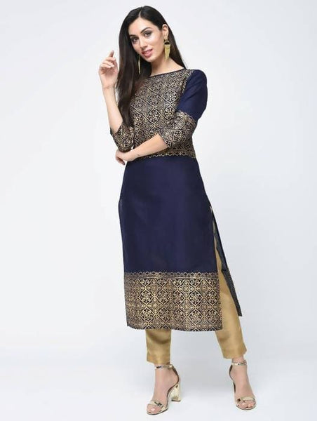 Aniyah Cotton Block Printed Navy Blue Latest Straight Kurta (AN-133K)