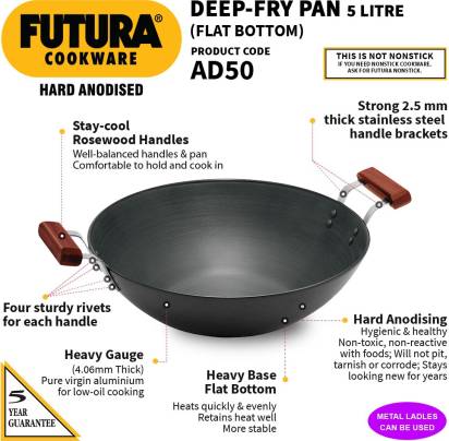 Hawkins Futura Hard Anodised Deep Fry Pan Flat Bottom Kadhai 5 L (AD50) - Distacart