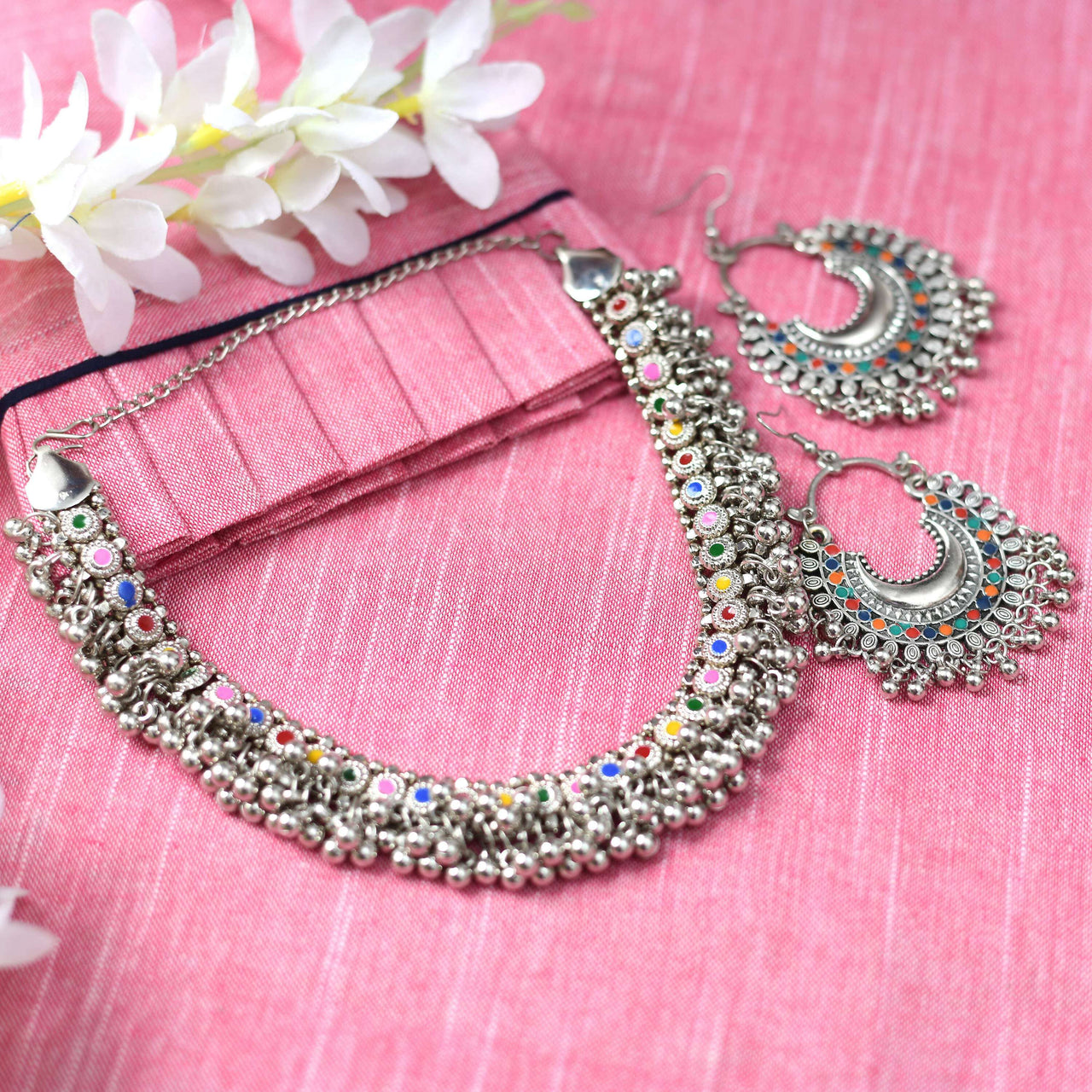 Mominos Fashion Johar Kamal Oxidised Silver-Plated Meena Work Choker Set - Distacart
