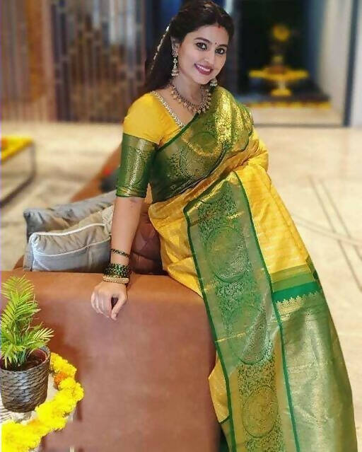 DEIANA'S Beautiful Golden Jari with New Design Soft Lichi Silk Saree - Yellow - Distacart