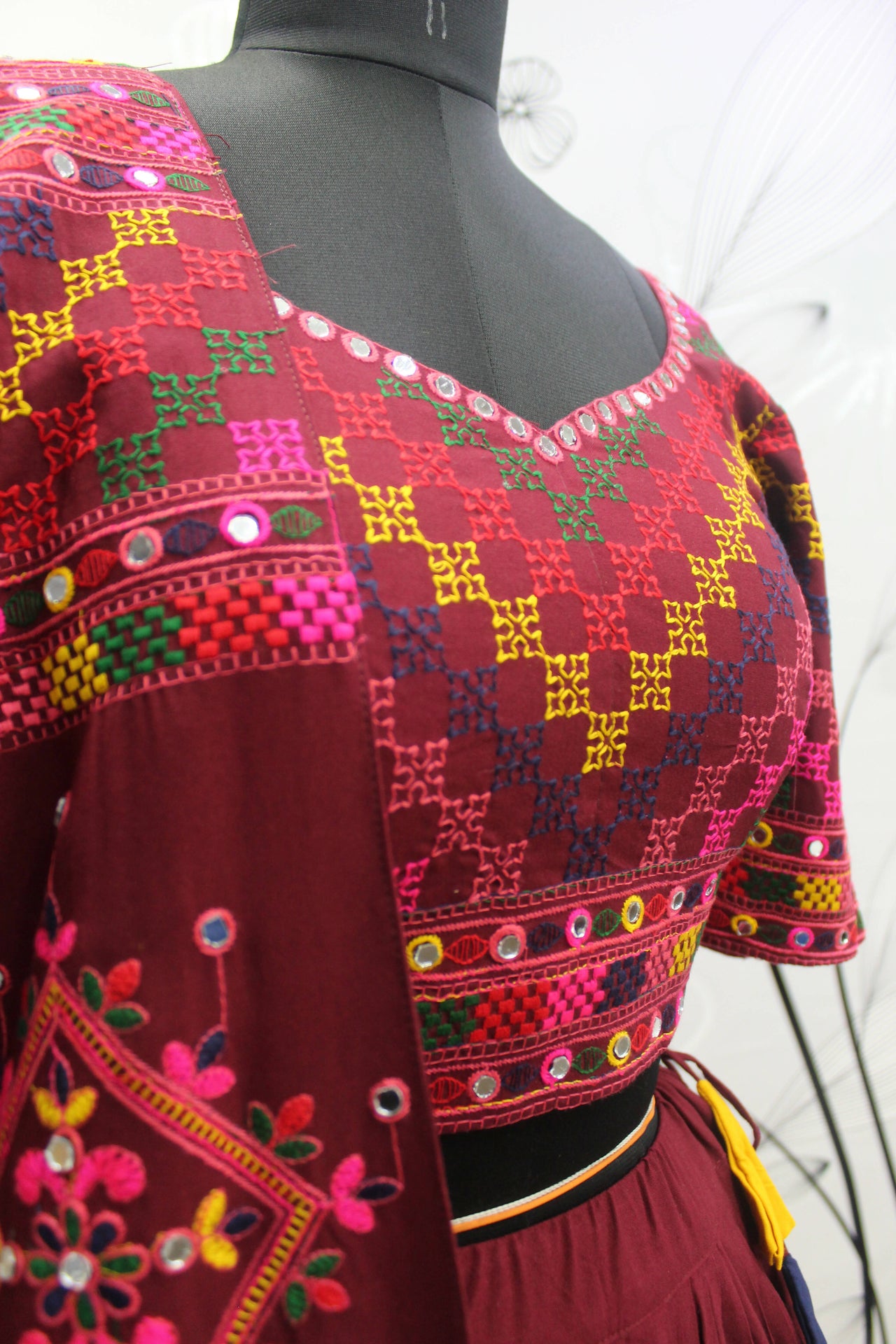 Multi Color Viscose Rayon Thread Embroidered Navratri Lehenga Choli with Dupatta - Raas - Distacart