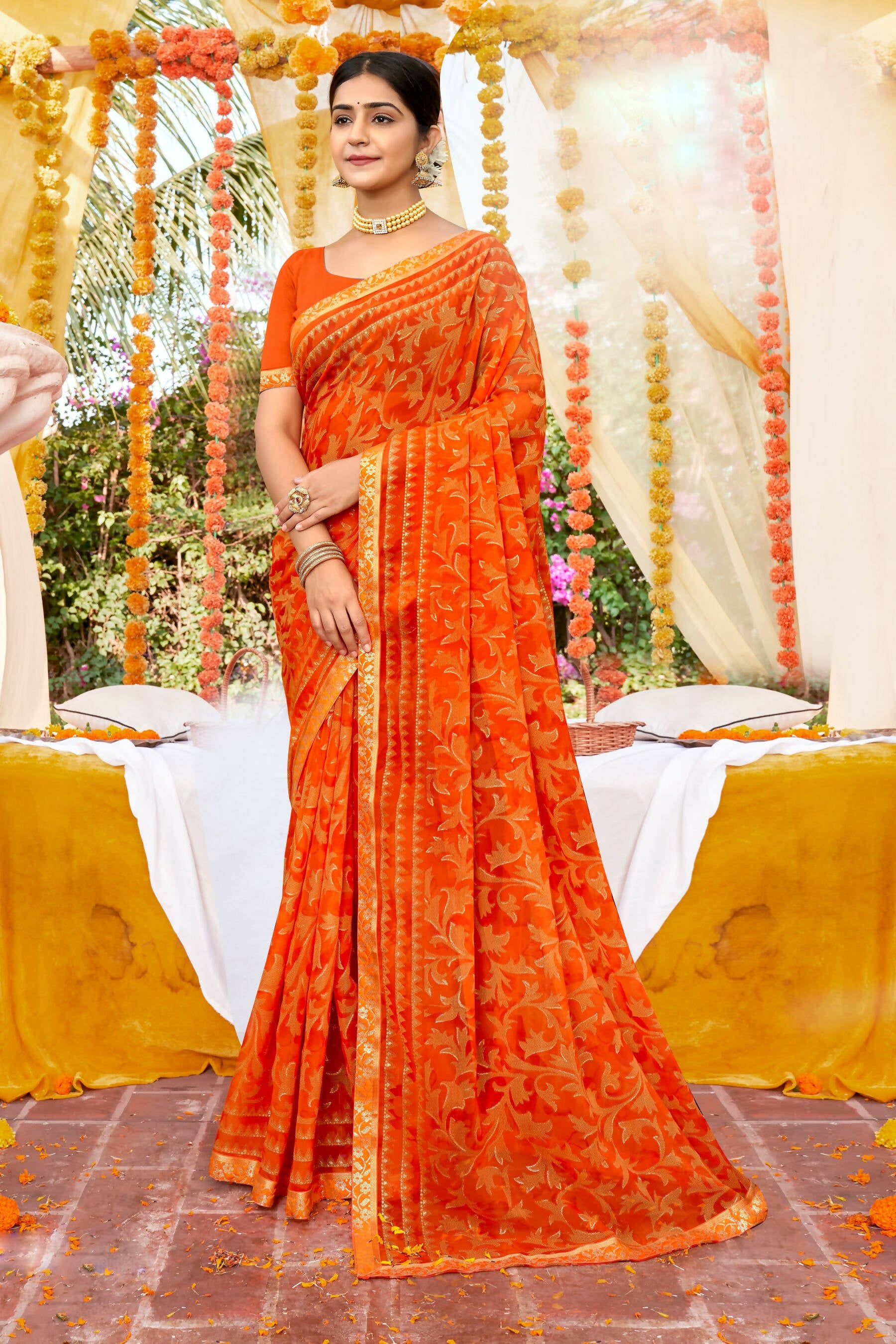 Orange Georgette Foil Printed Saree with Unstitched Blouse piece - Avika - Distacart