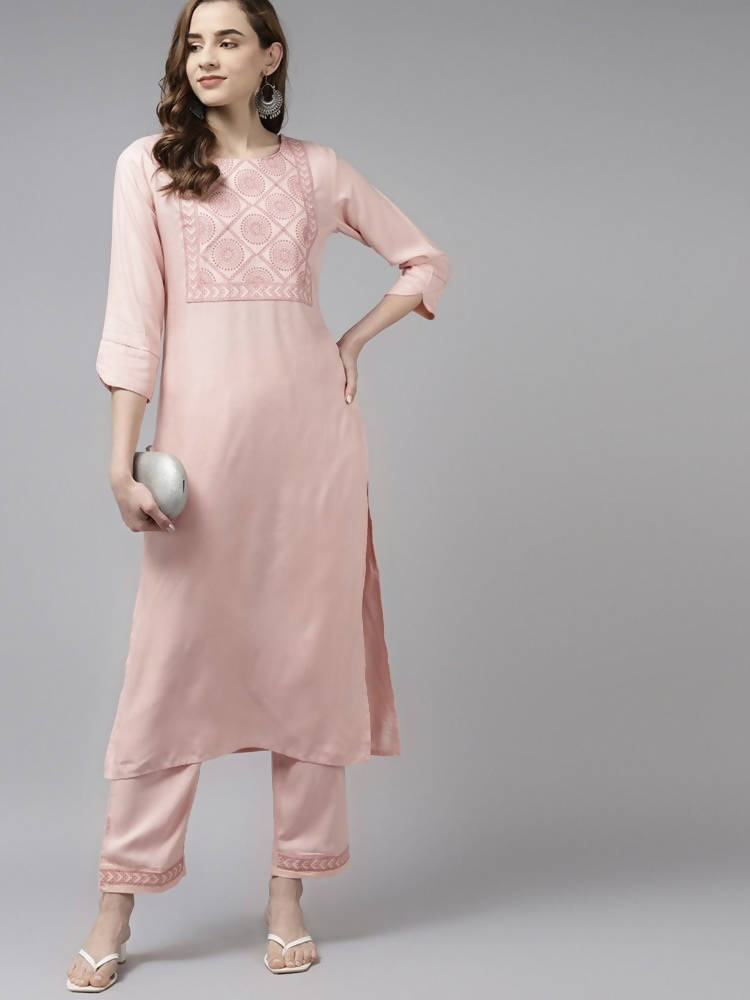 Yufta Women Pink Ethnic Motifs Yoke Design Thread Work Kurta with Palazzo