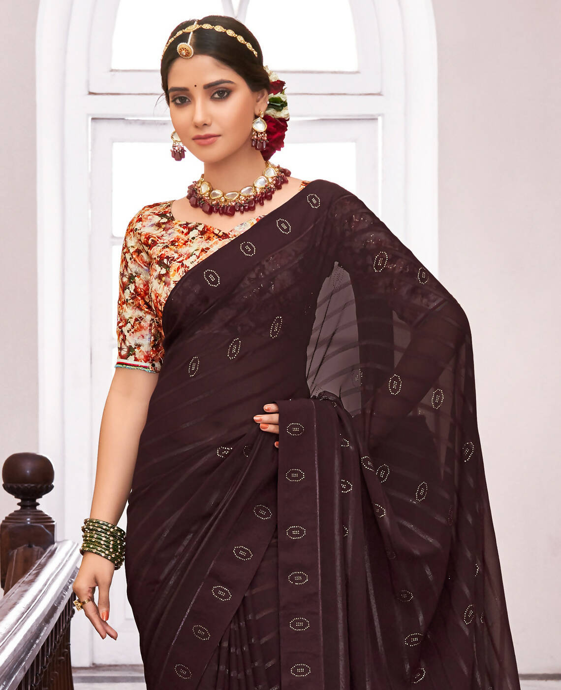Brown Georgette Swaroski Work Saree With Unstitched Blouse Piece - Juhi - Distacart
