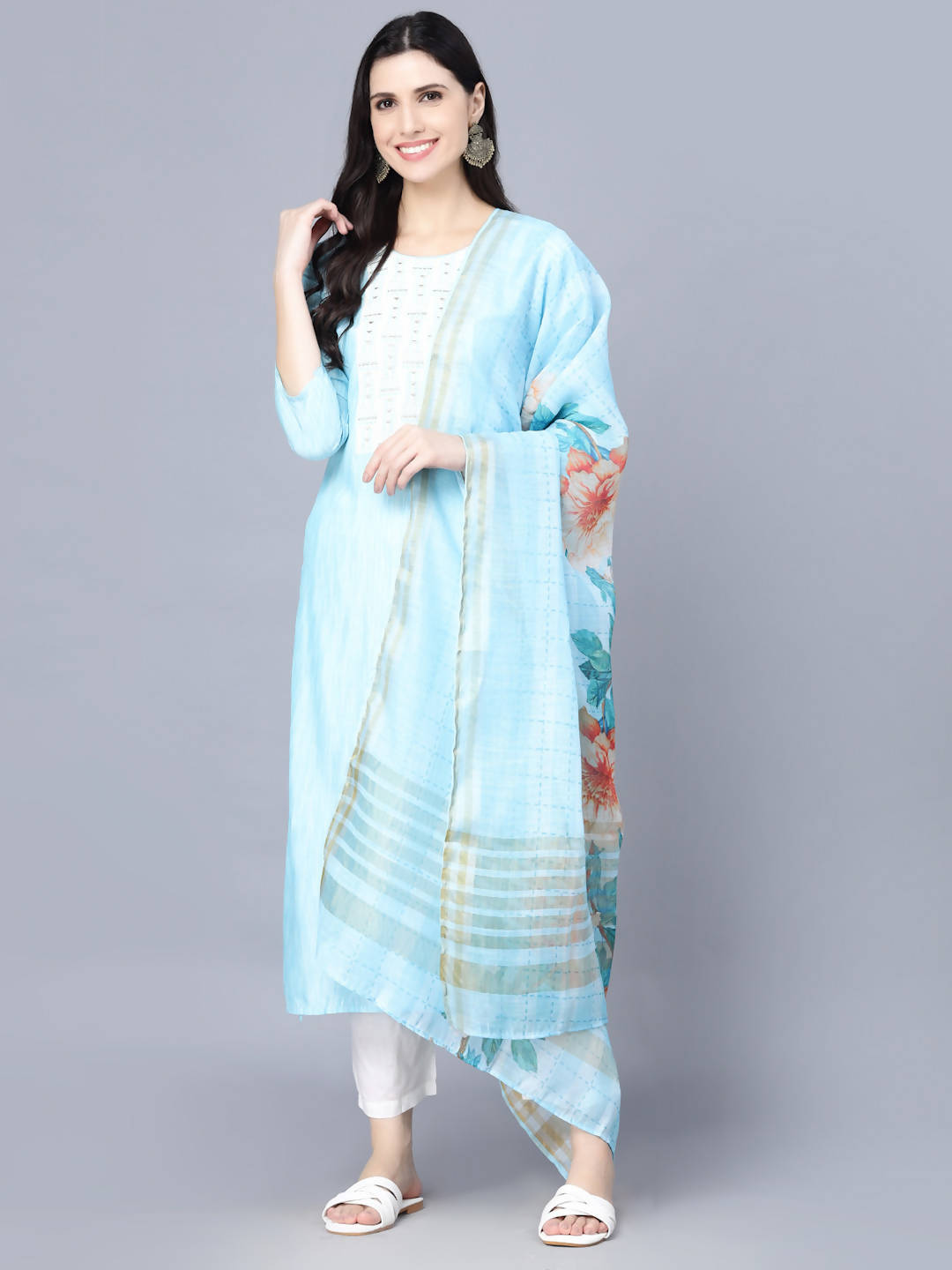 Myshka Women Turquoise Blue Panelled Pure Cotton Kurta with Trousers With Dupatta - Distacart