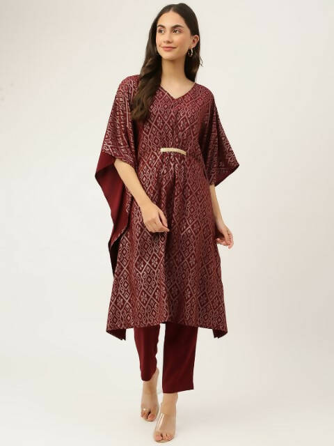 FIORRA Women's Maroon Poly Crepe Kaftan Type Kurta Set - Distacart