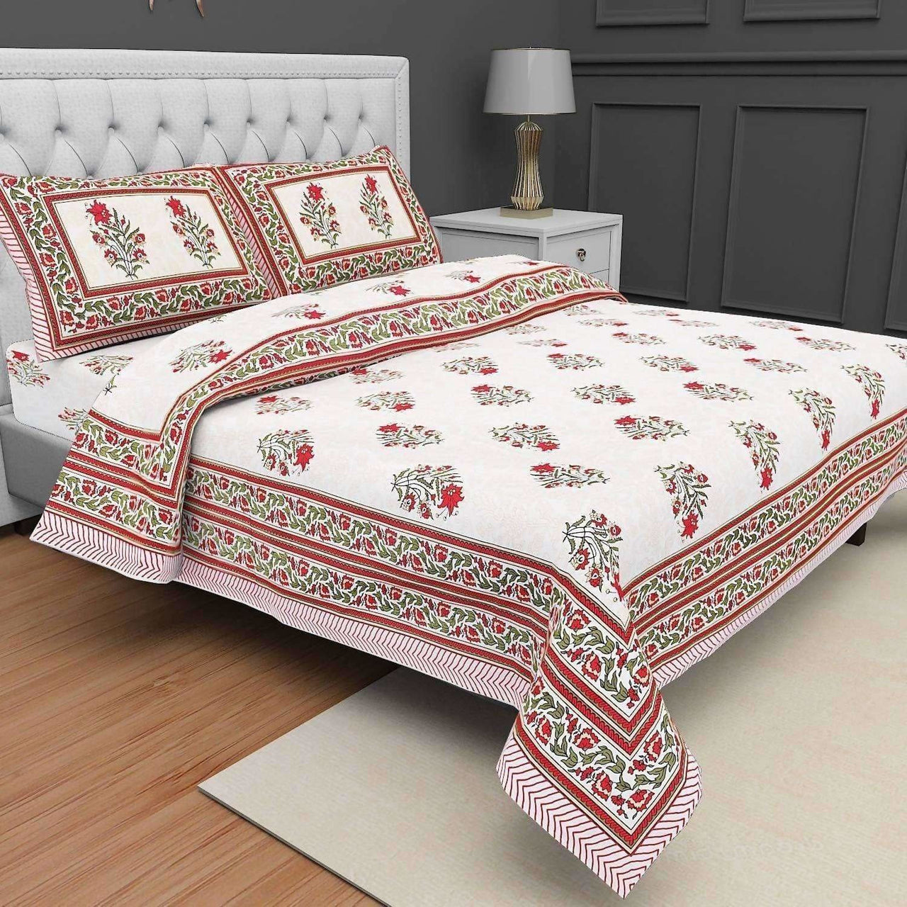 Jaipuri Hand Printed Floral 144TC Cotton DoubleQueen Bedsheet with 2 Pillow Covers - Distacart