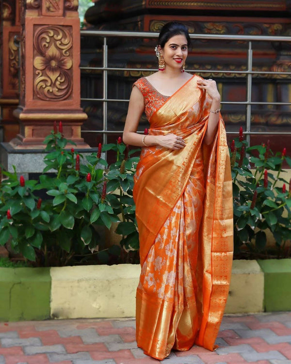 DEIANA'S Beautiful Golden Jari with New Design Soft Lichi Silk Saree - Orange - Distacart