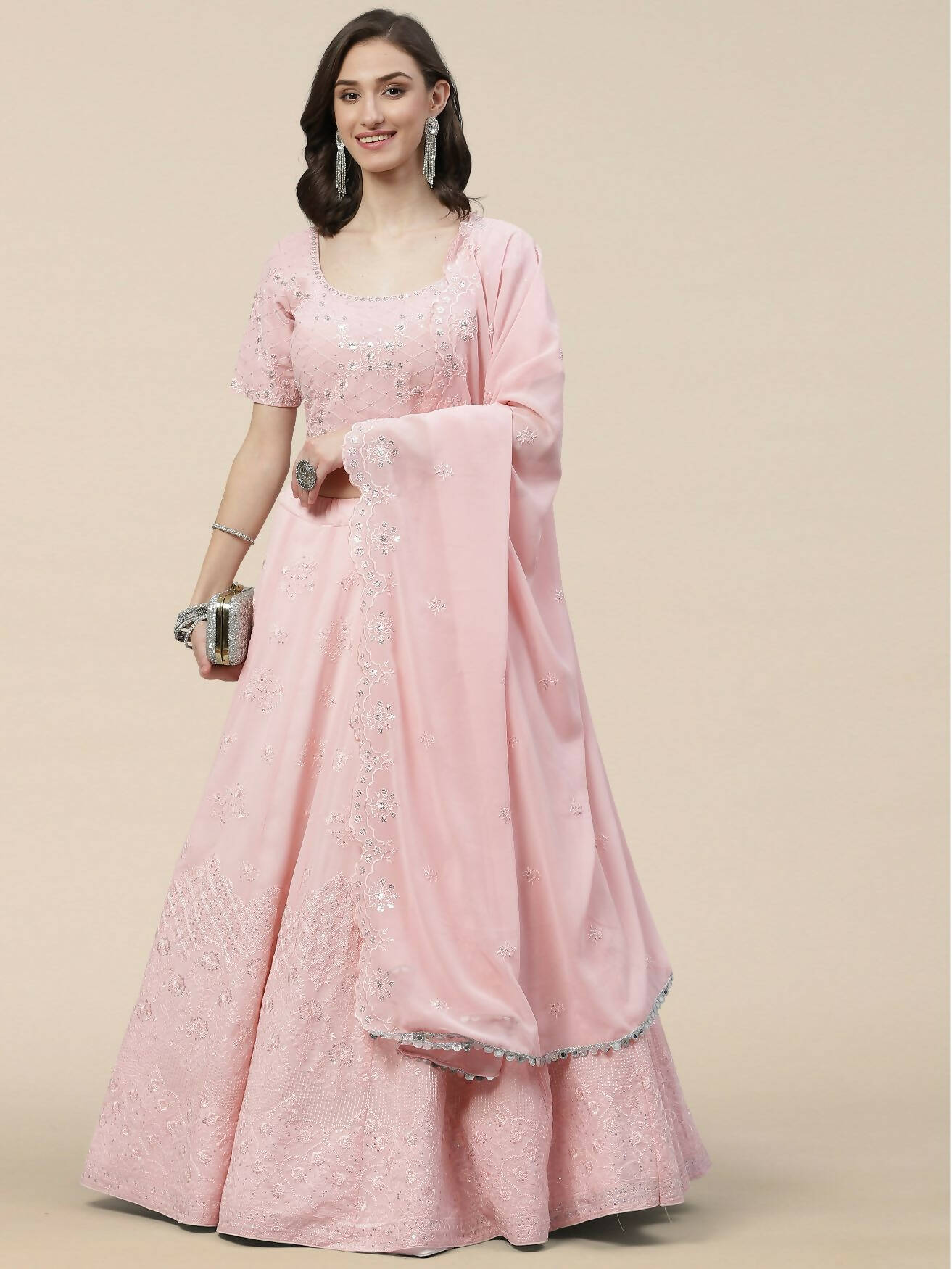 Pink Georgette Thread with Sequins Embroidered work Lehenga Choli with Dupatta - Jivika - Distacart