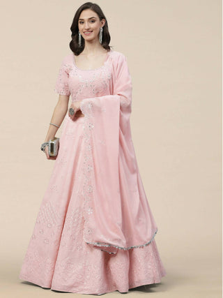 Pink Georgette Thread with Sequins Embroidered work Lehenga Choli with Dupatta - Jivika - Distacart