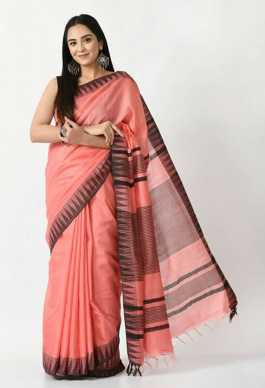 Mominos Fashion Moeza Gajari Pink Bhagalpuri Handloom Silk Black Temple Border Saree with unstitched Blouse piece - Distacart