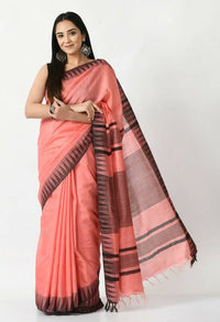 Thumbnail for Mominos Fashion Moeza Gajari Pink Bhagalpuri Handloom Silk Black Temple Border Saree with unstitched Blouse piece - Distacart
