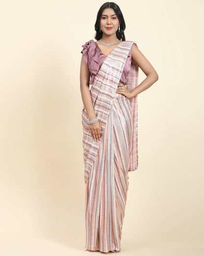 Peach Pure Georgette Sequence work Ready to wear Saree with stitched Blouse - Satiksha - Distacart