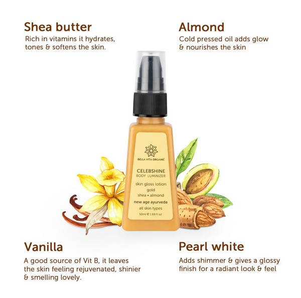 Bella Vita Organic Celeb Shine Body Luminizing Shimmer skin Gloss Lotion Gold Shea Butter Almond - Distacart