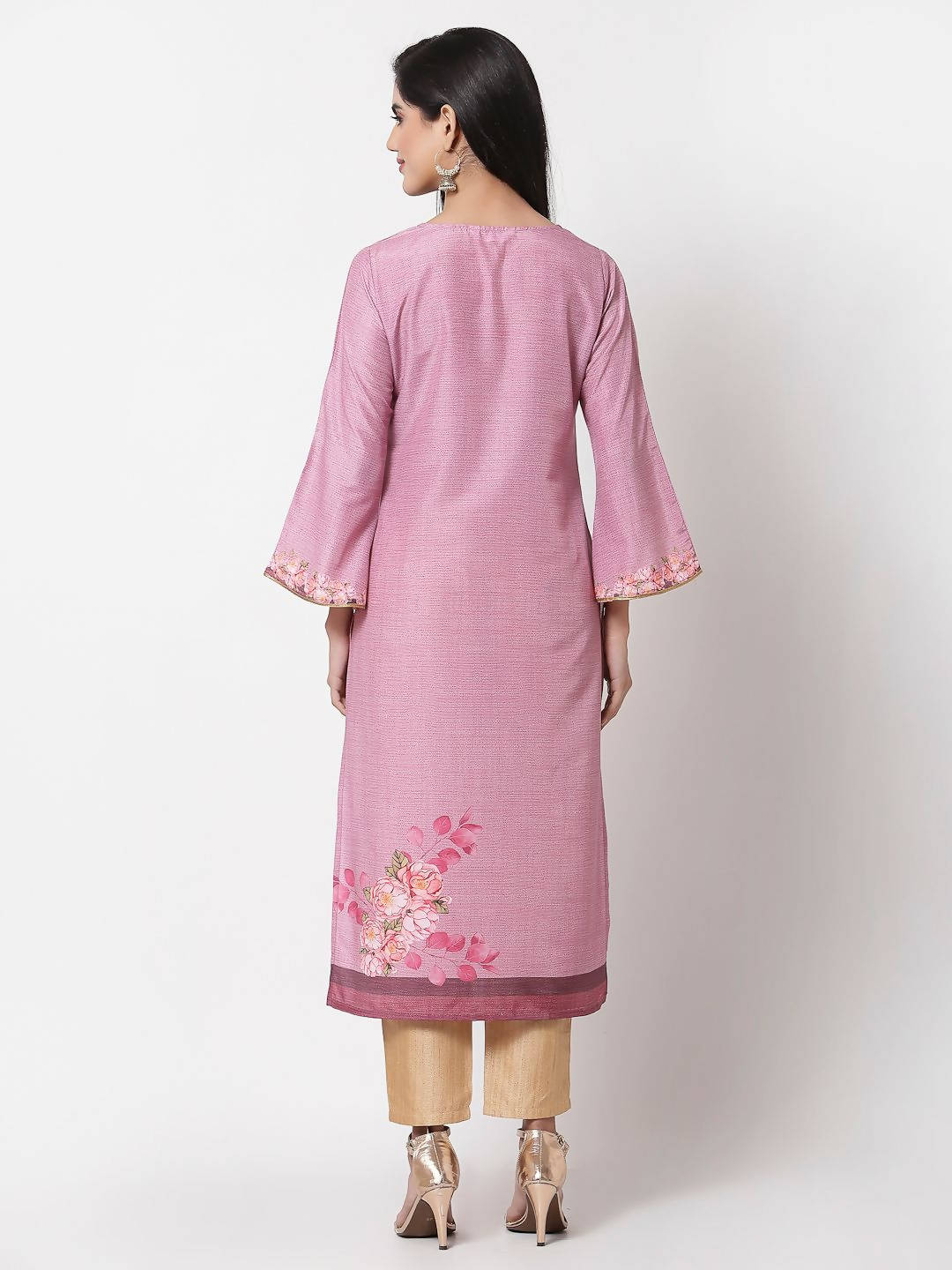 Myshka Pink Cotton Printed Full Sleeve Round Neck Casual Kurta