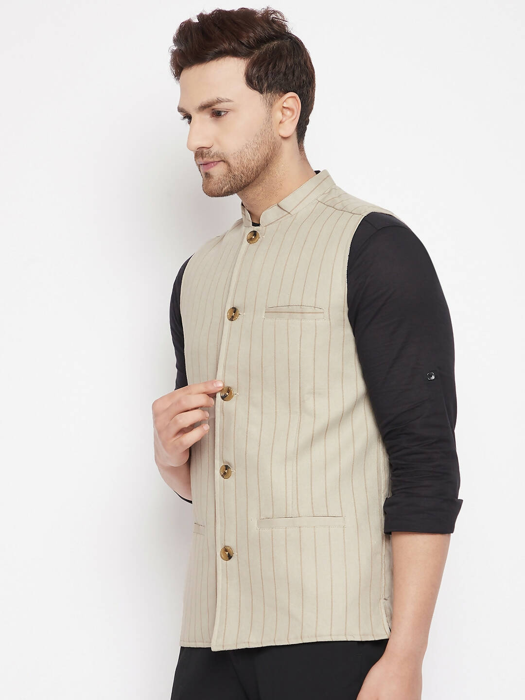 Even Apparels Beige Linen Blend Men Woven Nehru Jacket - Distacart