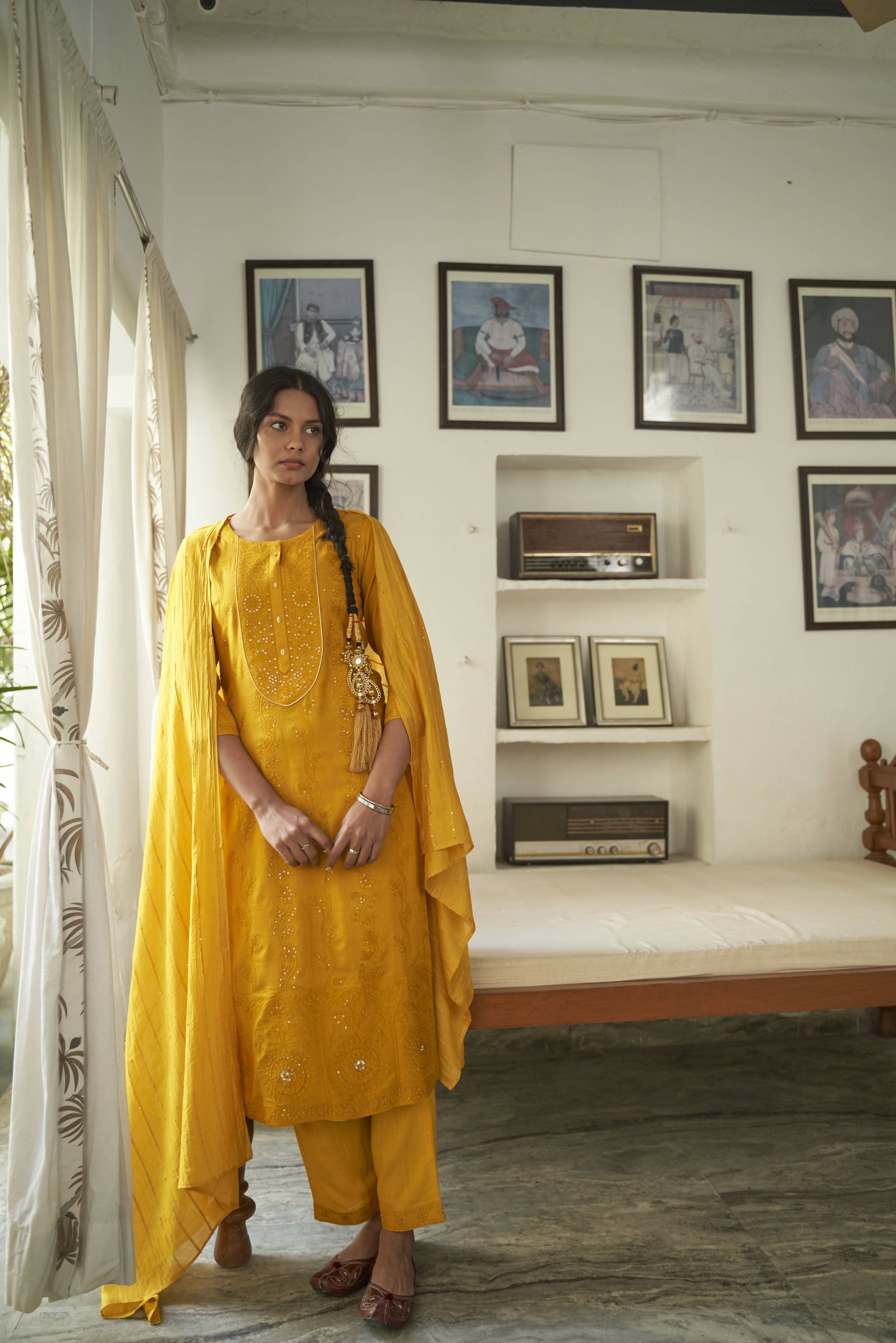 Mustard Rayon Sequence Embroidery work Straight kurta with Pant & Dupatta - Akashara - Distacart