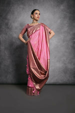Thumbnail for Vishnu Weaves Women's Baby-Pink Tussar Silk Zari Woven Saree with Blouse - Distacart