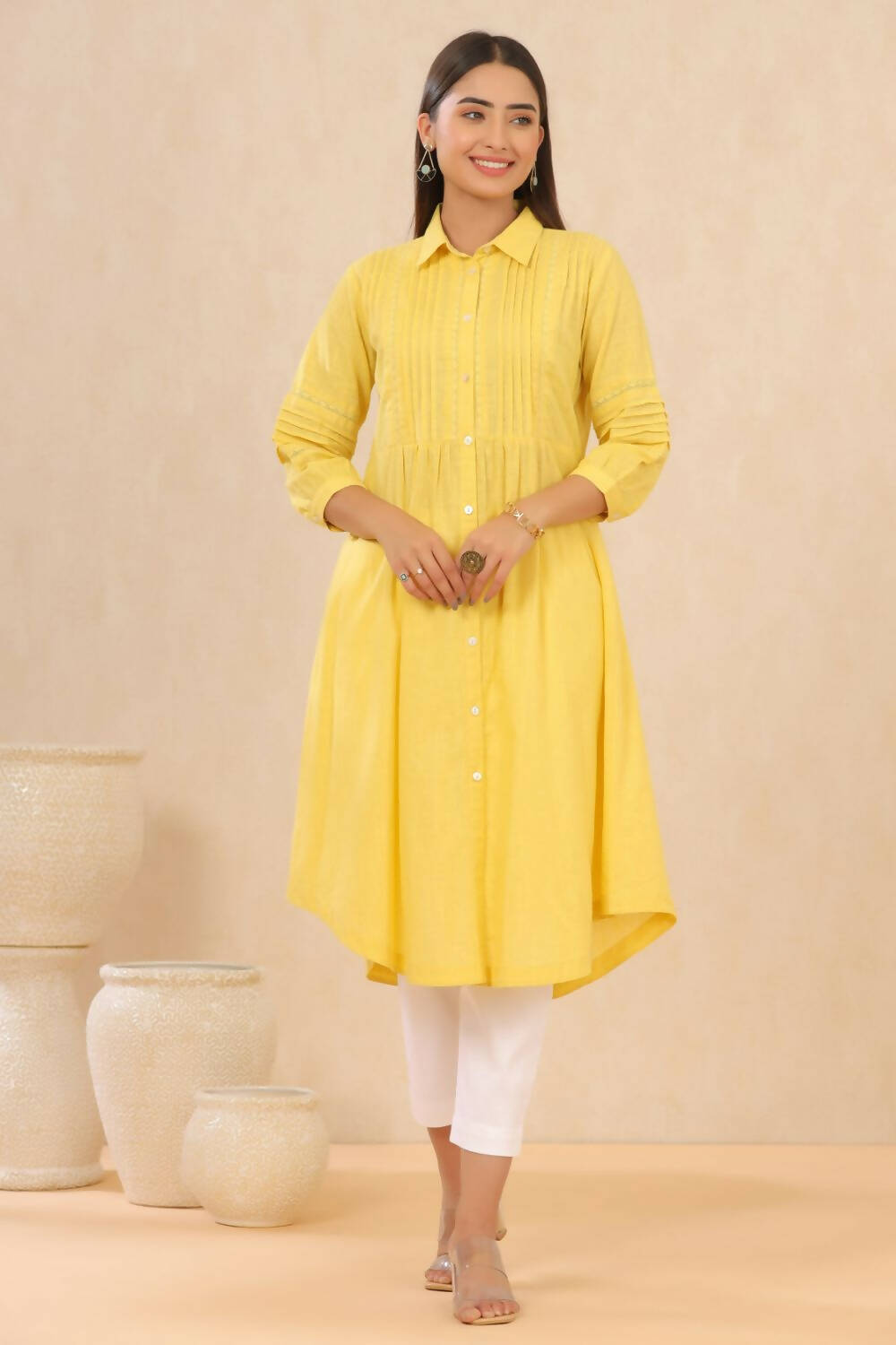 Juniper Womens Blush Yellow Cotton Slub Solid Mid Length Shirt Dress With Lace Detailing - Distacart