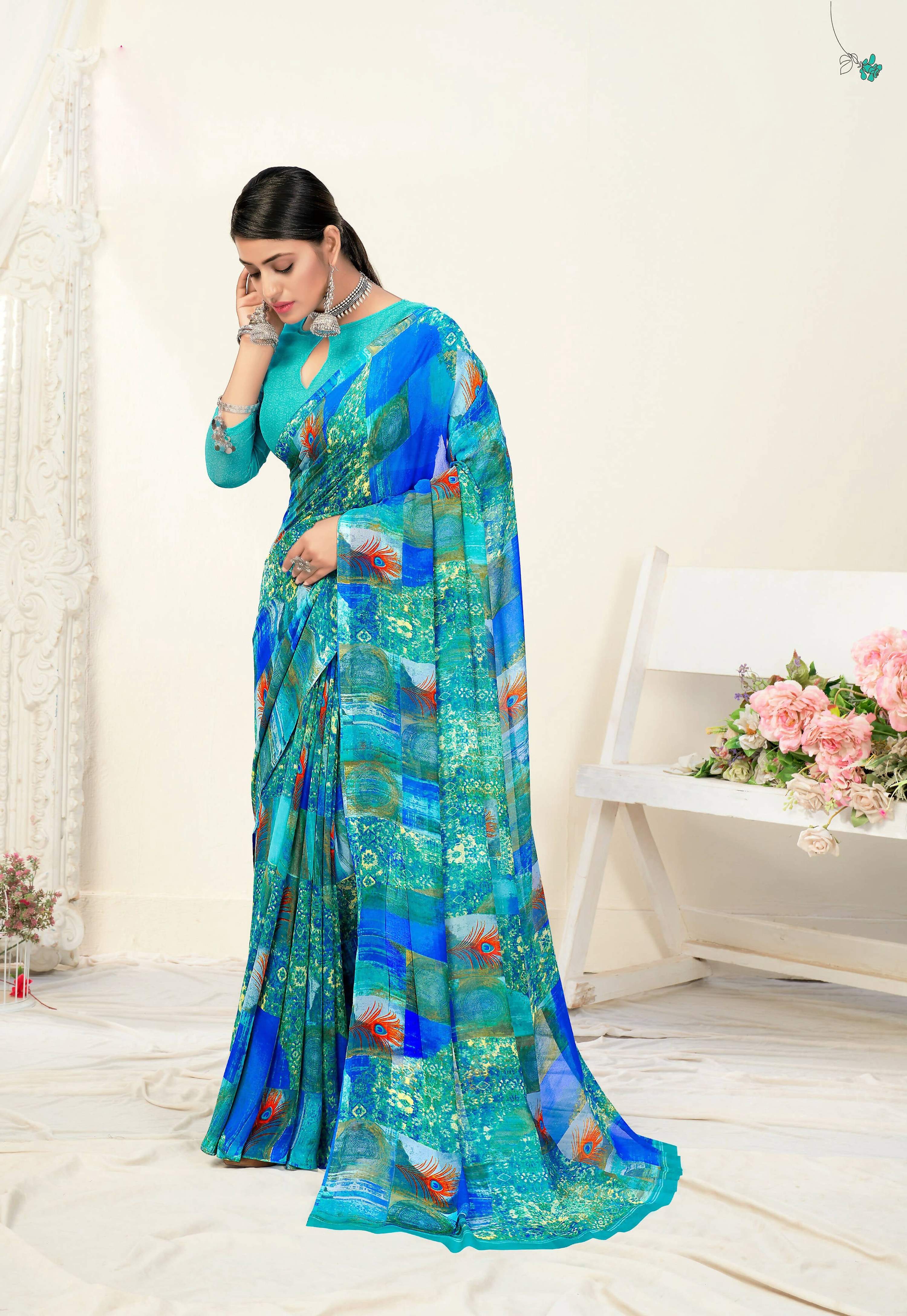Blue Georgette Abstract Printed Saree With Unstitched Blouse Piece - Jyoti - Distacart