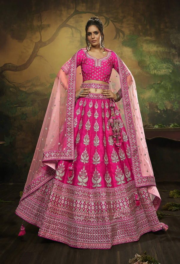 House of Panchhi Pink Pure Silk Moti & Zarkan heavy embroidery Lehenga choli & Dupatta - Distacart