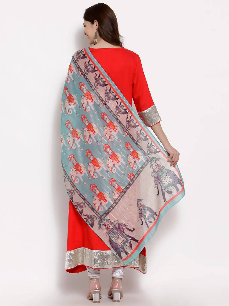 Myshka Women's Red Cotton 3/4 Sleeve V Neck Solid Casual Anarkali Kurta Dupatta Set
