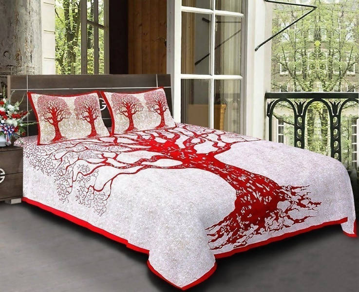 Vamika Printed Cotton Cream & Red Bedsheet With Pillow Covers (LEOC_SKTREE_R) - Distacart