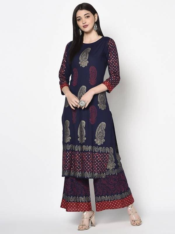 Aniyah Rayon Navy Blue Color Block Print Straight kurta (AN-180K)