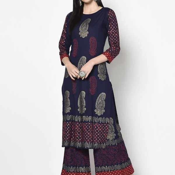 Aniyah Rayon Navy Blue Color Block Print Straight kurta (AN-180K)