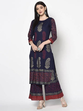 Aniyah Rayon Navy Blue Color Block Print Straight kurta (AN-180K)