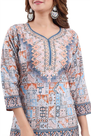 Snehal Creations Phenomenal Blue Faux Crepe Printed Tunic Top