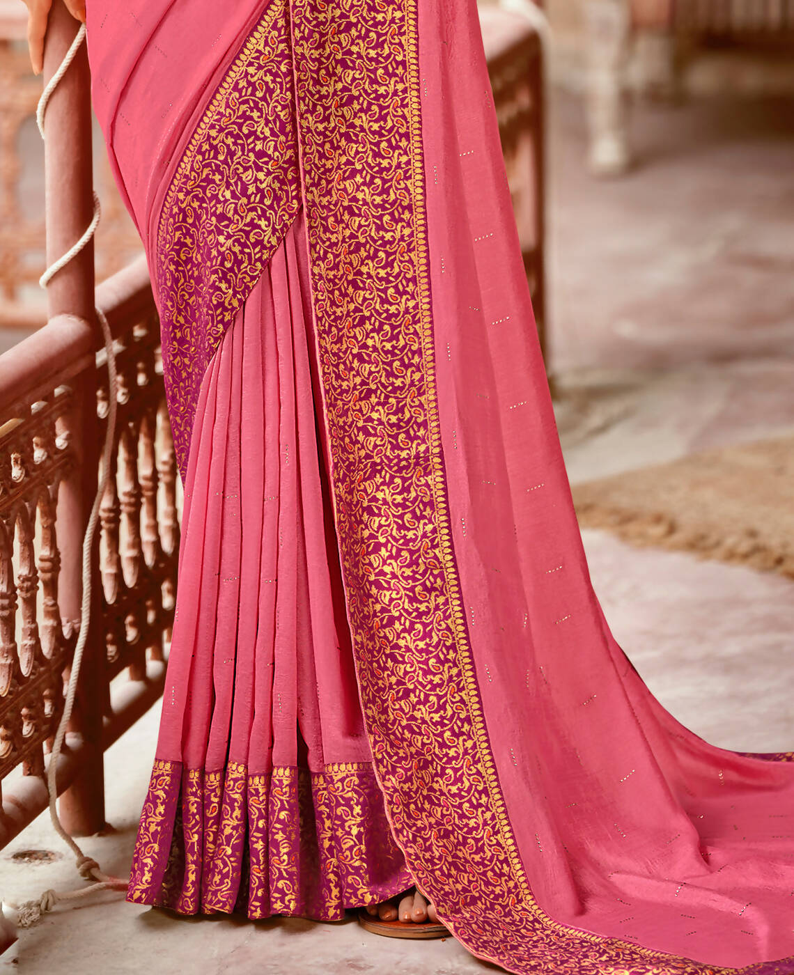 Pink Vichitra Stone Work Saree With Unstitched Blouse Piece - Rosy - Distacart