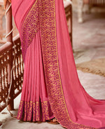 Thumbnail for Pink Vichitra Stone Work Saree With Unstitched Blouse Piece - Rosy - Distacart
