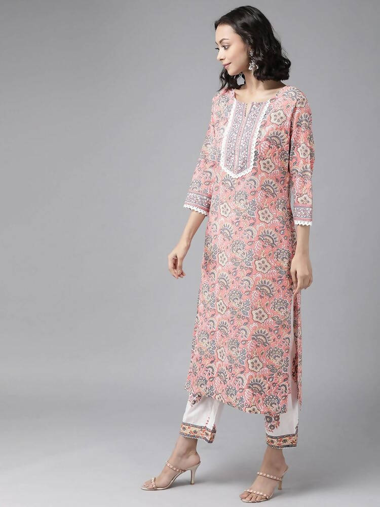 Yufta Peach Hand Block Printed Kurta with Trouser and Dupatta
