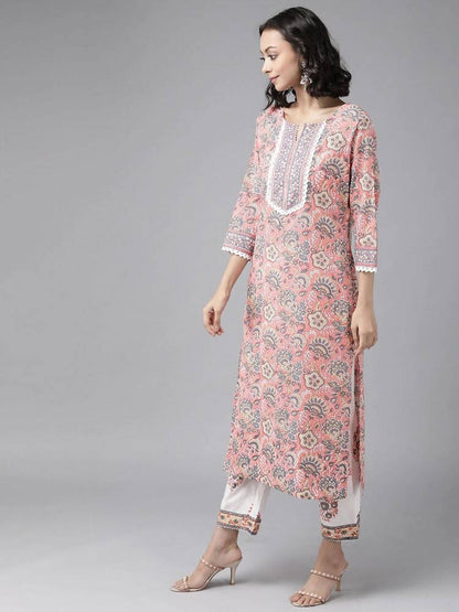 Yufta Peach Hand Block Printed Kurta with Trouser and Dupatta